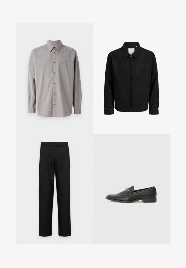 Giacca nera con zip, colletto e una tasca sul petto, mostrata su sfondo bianco.; Camicia button-up a quadri blu e arancione, maniche lunghe, con colletto a punta e un piccolo logo nella zona della tasca sul petto.; Pantaloni neri realizzati in tessuto liscio, caratterizzati da un taglio dritto, due pieghe frontali e una vita standard con passanti per la cintura.; Mocassino in pelle nera con finitura liscia, caratterizzato da un design cucito e da un accento decorativo in catena metallica sul vamp. Tacco piatto.