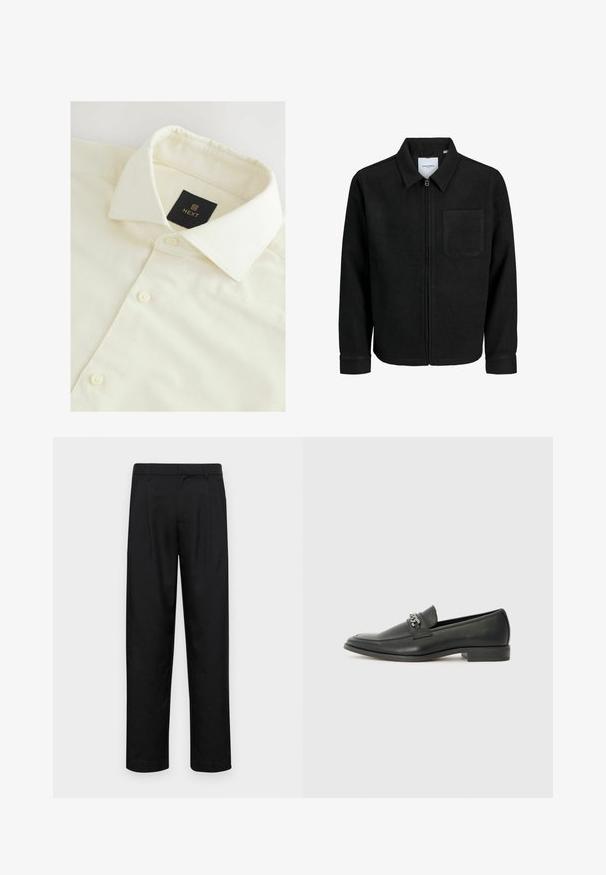Čierna zipsová bunda s golierom a jednou náprsníkou, vystavená na bielom pozadí.; Krémová košeľa s golierom z textúrovaného materiálu, so čiernou značkou "NEXT" a bielymi gombíkmi pozdĺž prednej légy.; Čierne nohavice vyrobené z hladkej tkaniny, s rovnými nohavicami, dvoma prednými skladmi a štandardným pásom s pútkami na opasok.; Čierne kožené loafers s hladkým povrchom, s prešitým dizajnom a dekoratívnym kovovým reťazovým akcentom cez priehlavok. Plochý podpätok.
