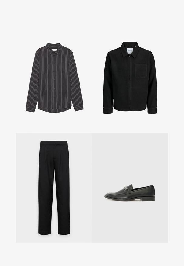 Črna jakna z zadrgo in ovratnikom ter enim žepom na prsih, prikazana na beli podlagi.; Črna majica z dolgimi rokavi z belimi navpičnimi črtami, ovratnikom, gumbom spredaj in ukrivljenim robom. Narejena iz gladkega materiala.; Črne hlače iz gladkega materiala, s krojem ravne noge, dvema sprednjima pregiboma in standardnim pasom z zankami za pas.; Črni usnjeni loafer z gladko površino, ki ima šivano zasnovo in dekorativni kovinski verižni naglas preko vampirja. Ravno peto.