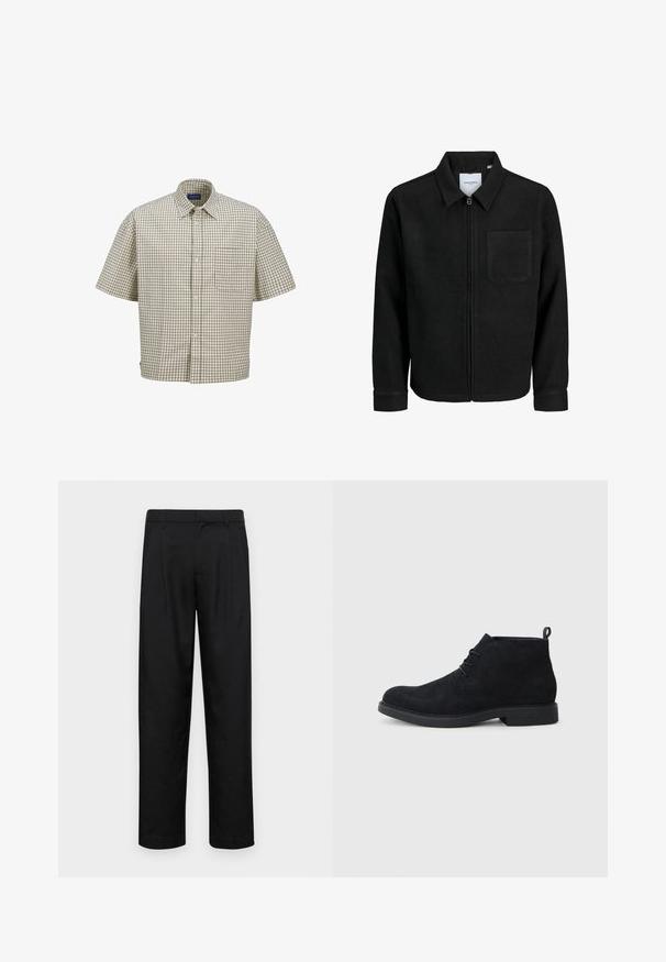 Jachetă neagră cu fermoar, cu guler și un singur buzunar pe piept, expusă pe fundal alb.; Cămașă cu mânecă scurtă, în carouri bej și maro, cu guler cu butoni, buzunar aplicat și o croială lejeră cu model în grilă.; Pantaloni negri dintr-un material neted, cu un design drept, două pliuri frontale și un tiv standard cu bucle pentru curea.; Botine din suede negru, la gleznă, cu vârful rotund, design cu șireturi și talpă din cauciuc texturat. Prezintă un mic burete în partea din spate.