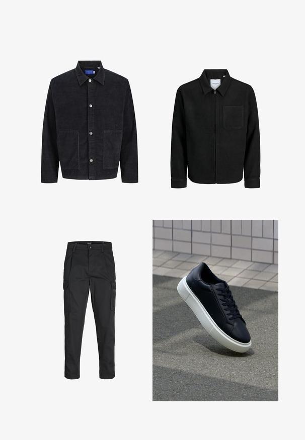 Mustaga lukuga jakker, millel on krae ja üks rinna-tasku, esitatud valgel taustal.; Musthave tumesest kangast paksus, millel on krae, ees nööbid ja kaks suurt taskut. Tekstuuriga kangas, millel on vertikaalne ribastus.; Mustad mustapõlvik, mis on valmistatud tugeva koe kasutades, sisaldab mitmeid taskuid, nupule kinnitatav sulgemine ja kitsenev disain.; Mustast nahast tennisetoss, millel on ümar nina ja valge kummist tall. Omab siredaid paelu ja minimaalset õmblemist ülemises osas. Tekstuuriga tald, mis tagab haakuvuse.