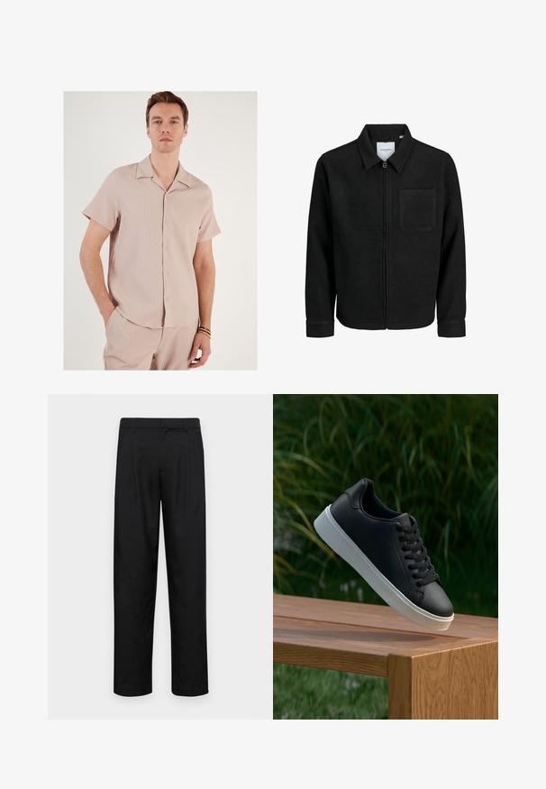 Crna jakna na zip s ovratnikom i jednim džepom na prsima, prikazana na bijeloj pozadini.; Košulja s kratkim rukavima u svijetlo ružičastoj boji, napravljena od rebrastog materijala. Ima ovratnik i gumbe straga, s opuštenim krojem.; Crne hlače od glatkog materijala, s dizajnom ravnih nogavica, dva prednja nabora i standardnim pojasom s petljama za remen.; Crne kožne tenisice s glatkom teksturom, bijelim gumeni potplat i šest rupica za vezice, izložene na drvenoj površini.