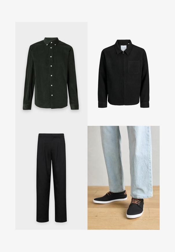 Juodas džemperis su užtrauktuku, apykakle ir vienu krūtiniu kišenėje, pristatytas baltame fone.; Tamsiai žalias kordūrovių ilgomis rankovėmis mygtukų užsegamas marškinis su mygtukų tipo apykakle ant balto fono.; Juodi kelnių modeliai, pagaminti iš lygios medžiagos, turi tiesią kojas, du priekiniai klostės ir standartinę juosmenį su diržo kilpomis.; Juodi drobės sportbačiai su rudos spalvos akcentais, baltais gumos padu, rudi raišteliai, derinami su šviesiai mėlynomis tiesiomis džinsinėmis kelnėmis. Medinis grindų fonas.