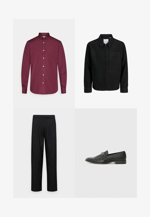 Mustaga lukuga jakker, millel on krae ja üks rinna-tasku, esitatud valgel taustal.; Burgundia pikkade varrukatega nööpidega särk, mis on valmistatud puuvillast, klassikalise kraega, valgete nööpidega ning kumerate äärtega. Sile tekstuur, kohandatud sobivus.; Mustad mustadest riietest, millel on sirge jalgade disain, kaks eesmist voltimist ja tavaline vöökoht, millel on vöökohad.; Must haveate nahkking punased, millel on sile viimistlus, tikitud muster ja dekoratiivne metallkett vampi üle. Tasane konts.