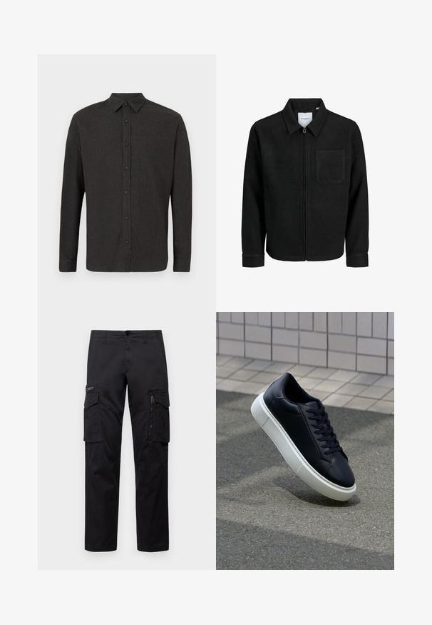 Juodas džemperis su užtrauktuku, apykakle ir vienu krūtiniu kišenėje, pristatytas baltame fone.; Tamsiai pilka ilgomis rankovėmis marškiniai su aštriu apykakle, išdėstyti ant baltos fono.; Juodos krovinių kelnės, turinčios kelis kišenes, užtrauktuku uždaromą kišenę ant šlaunies, tiesaus kirpimo ir tvirtos medvilnės audinys su nežymiu blizgesiu.; Juodas odinis sportbačius su apvaliu pirštu ir baltu gumuotu padu. Turi plokščias raišteles ir minimalų siuvimą viršuje. Padangos tekstūra užtikrina sukibimą.