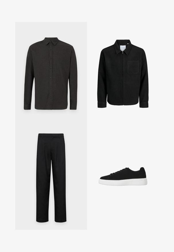 Czarna kurtka z zamkiem na całej długości, z kołnierzem i jedną kieszenią na piersi, umieszczona na białym tle.; Ciemnoszara, długosleeve koszula z guzikiem i z ostrym kołnierzykiem, wyeksponowana na płasko na białym tle.; Czarne spodnie wykonane z gładkiego materiału, z prostą nogawką, dwoma fałdami z przodu oraz standardowym paskiem z wypustkami na pasek.; Czarne zamszowe sneakersy z okrągłym noskiem, sznurowaniem z przodu i białą gumową podeszwą. Prosty design z minimalnymi akcentami i gładką teksturą.