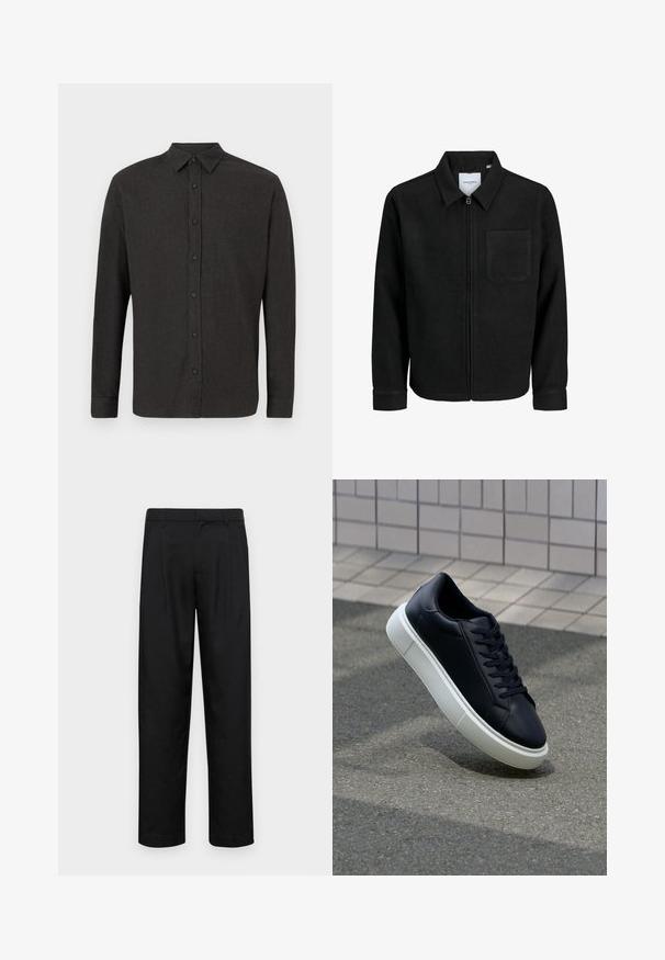 Mustaga lukuga jakker, millel on krae ja üks rinna-tasku, esitatud valgel taustal.; Tumehall pikka varrukaga nööbitav särk terava kraega, laotud tasasele valgele taustale.; Mustad mustadest riietest, millel on sirge jalgade disain, kaks eesmist voltimist ja tavaline vöökoht, millel on vöökohad.; Mustast nahast tennisetoss, millel on ümar nina ja valge kummist tall. Omab siredaid paelu ja minimaalset õmblemist ülemises osas. Tekstuuriga tald, mis tagab haakuvuse.