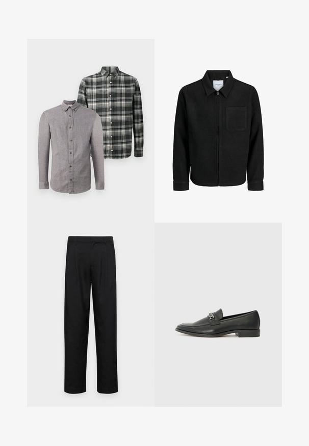 Čierna zipsová bunda s golierom a jednou náprsníkou, vystavená na bielom pozadí.; Dvoje košelí s dlhým rukávom na gombíky, jedna jednoliatej sivej farby a jedna s čierno-bielou kockovanou potlačou, vystavené na jednoduchom bielom pozadí.; Čierne nohavice vyrobené z hladkej tkaniny, s rovnými nohavicami, dvoma prednými skladmi a štandardným pásom s pútkami na opasok.; Čierne kožené loafers s hladkým povrchom, s prešitým dizajnom a dekoratívnym kovovým reťazovým akcentom cez priehlavok. Plochý podpätok.