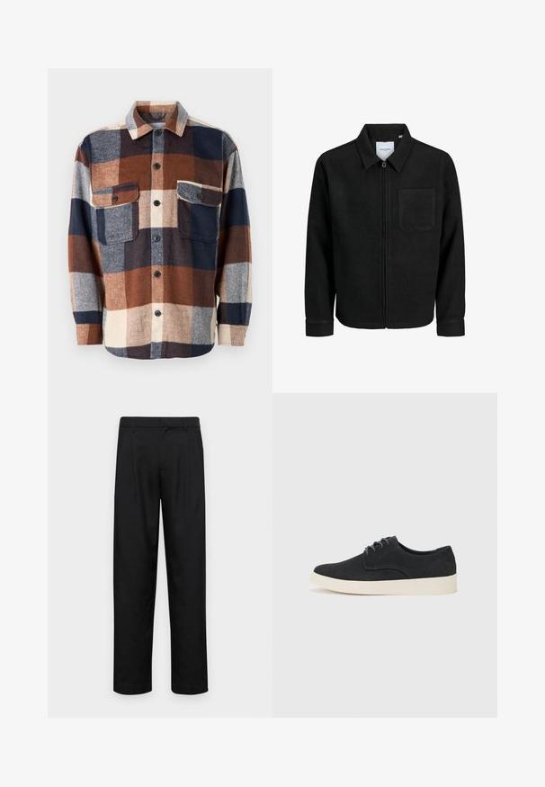 Čierna zipsová bunda s golierom a jednou náprsníkou, vystavená na bielom pozadí.; Kockovaná flanelová košeľa v hnedej, námorníckej a krémovej farbe. Má zapínanie na gombíky, dve náprsné vrecká a rozšírený golier. Mäkká textúra.; Čierne nohavice vyrobené z hladkej tkaniny, s rovnými nohavicami, dvoma prednými skladmi a štandardným pásom s pútkami na opasok.; Čierne semišové šnurovacie topánky s okrúhlou špičkou, ľahkou krémovou podrážkou a jemnými modrými švy na vrchu.