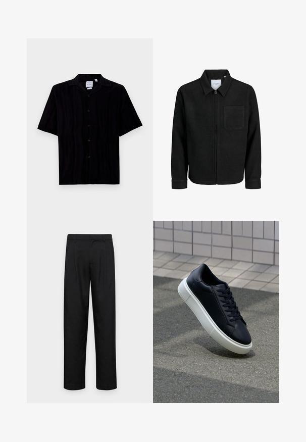 Melna jaka ar rāvējslēdzēju un apkakli, vienu krūšu kabatu, parādīta uz baltas fona.; Īsām piedurknēm melna krekls no teksturēta auduma ar apkakli un sešām priekšējām pogām, ar taisnu apakšmalu un brīvu piegriezumu.; Melnas bikses, izgatavotas no gludas auduma, ar taisnu kāju dizainu, divām priekšējām krokām un standarta jostu, kurai ir āķi.; Melnas ādas kedas ar noapaļotu pirkstu un baltu gumijas zoli. Iespējas - plakanas šņorītes un minimāla apdare augšdaļā. Struktūrēta zole, lai nodrošinātu saķeri.