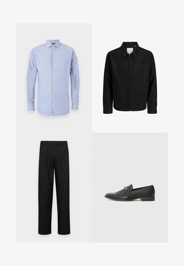 Črna jakna z zadrgo in ovratnikom ter enim žepom na prsih, prikazana na beli podlagi.; Modra in bela prugasta srajca s kragnico, dolgimi rokavi in ravnim robom. Mehka tkanina in klasičen kroj.; Črne hlače iz gladkega materiala, s krojem ravne noge, dvema sprednjima pregiboma in standardnim pasom z zankami za pas.; Črni usnjeni loafer z gladko površino, ki ima šivano zasnovo in dekorativni kovinski verižni naglas preko vampirja. Ravno peto.