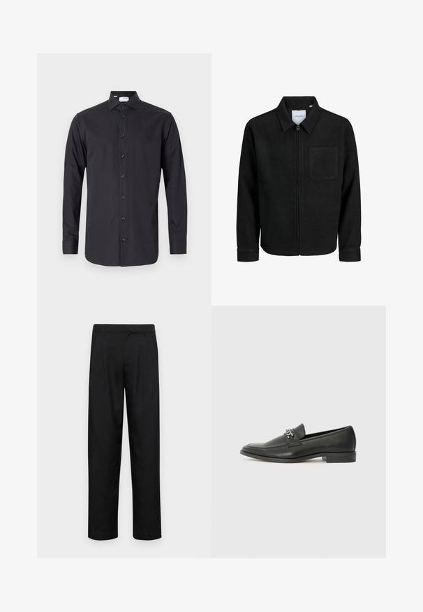 Juodas džemperis su užtrauktuku, apykakle ir vienu krūtiniu kišenėje, pristatytas baltame fone.; Juodas ilgomis rankovėmis marškiniai, pagaminti iš lygaus audinio, su mygtukų priekiniu užsegimu, kampuota apykakle ir mygtukais užsegamomis rankovėmis.; Juodi kelnių modeliai, pagaminti iš lygios medžiagos, turi tiesią kojas, du priekiniai klostės ir standartinę juosmenį su diržo kilpomis.; Juodos odinės loafer tipo bateliai su lygiu paviršiumi, turintys siuvinėtą dizainą ir dekoratyvų metalo grandinėlės akcentą ant batų viršaus. Plokščias kulnas.