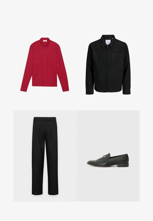 Sort lynlåsjakke med krave og en enkelt brystlomme, vist på hvid baggrund.; Rød langærmet skjorte lavet af bomuld. Har en klassisk krave, frontknapper og manchetter med en glat overflade. Ingen mønstre eller accenter.; Sorte bukser lavet af glat stof, med et lige ben-design, to frontfolder og en standard talje med bæltestropper.; Sorte læder loafers med en glat finish, der har et syet design og et dekorativt metal kædeaccent hen over vamps. Flad hæl.