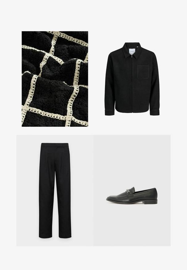 Musta vetoketjullinen takki, jossa on kaulus ja yksi rintatasku, esitelty valkoista taustaa vasten.; Mustavillainen teksturoitu peitto, jossa on kudottu kermaisen valkoinen ruutukuvio, kohotetut kukkakuviot ja pehmeä, pörröinen pinta.; Mustat housut, jotka on valmistettu sileästä kankaasta, suoran lahkeen muotoilulla, kahdella etupleekillä ja tavanomaisella vyötäröllä, jossa on vyölenkit.; Musta nahkakengät, joissa on sileä pinta, koristeelliset ompeleet ja metalliketjun yksityiskohta kengän päällä. Littee korko.