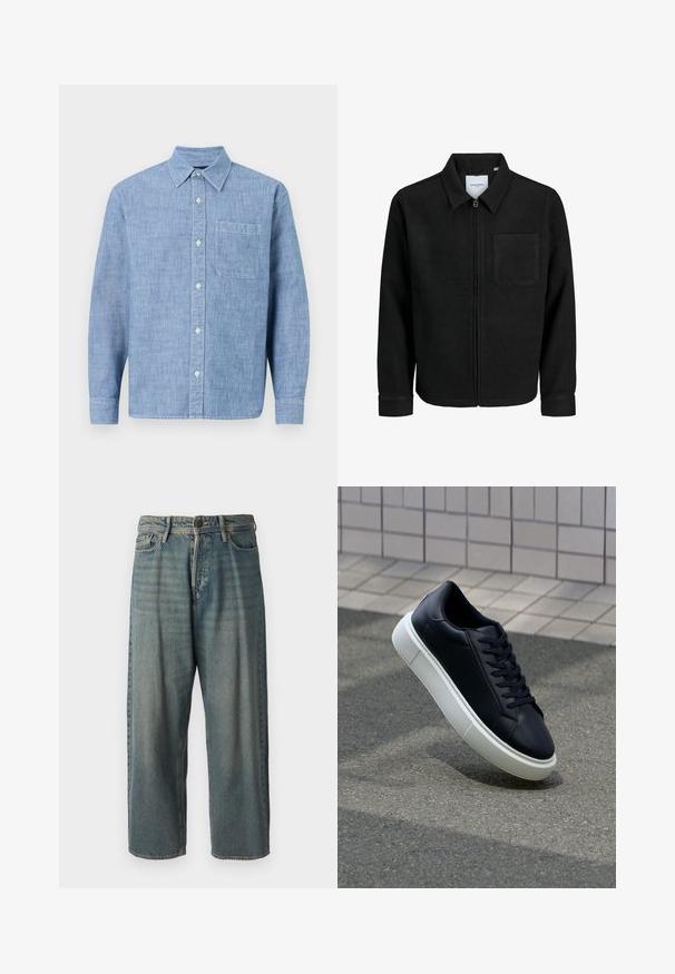 Mustaga lukuga jakker, millel on krae ja üks rinna-tasku, esitatud valgel taustal.; Hele sinine, pika varrukaga nööbiga särke, mis on valmistatud tekstureeritud kangast. Omab kraed, esipocketit ja nööpide sulgemist ees.; Heledad sinine denim-stiilis teksad, volüümse lõike, keskmise kõrgusega talje ja sirgete säärega. Omab viit taskut, vöökumme ja nööpide sulgemist.; Mustast nahast tennisetoss, millel on ümar nina ja valge kummist tall. Omab siredaid paelu ja minimaalset õmblemist ülemises osas. Tekstuuriga tald, mis tagab haakuvuse.