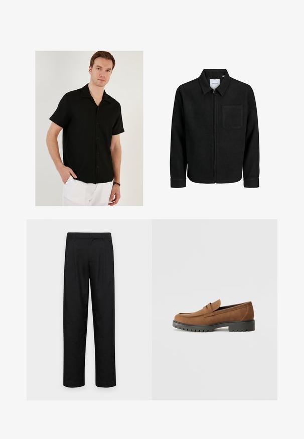 Jachetă neagră cu fermoar, cu guler și un singur buzunar pe piept, expusă pe fundal alb.; Cămașă neagră cu mânecă scurtă, cu nasturi, textură în dungi, kravată ascuțită și tiv drept. Purtați peste pantaloni albi, cu un fit casual.; Pantaloni negri dintr-un material neted, cu un design drept, două pliuri frontale și un tiv standard cu bucle pentru curea.; Loaferi din suede maro cu vârful rotund și o talpă joasă din cauciuc negru, având o curea decorativă și detalii cusute pe partea superioară.