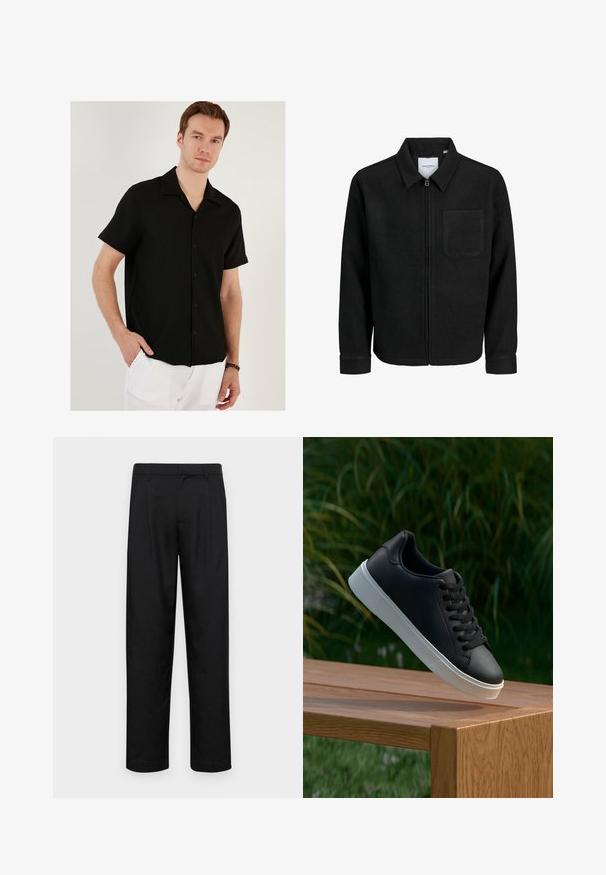 Črna jakna z zadrgo in ovratnikom ter enim žepom na prsih, prikazana na beli podlagi.; Srajca s kratkimi rokavi črne barve z gubanjem, s koničnim ovratnikom in ravnim robom. Oblečena čez bele hlače, s sproščenim krojem.; Črne hlače iz gladkega materiala, s krojem ravne noge, dvema sprednjima pregiboma in standardnim pasom z zankami za pas.; Črne usnjene teniske z gladko teksturo, bela gumijasta podloga in šest lukenj za vezalke, prikazane na leseni površini.