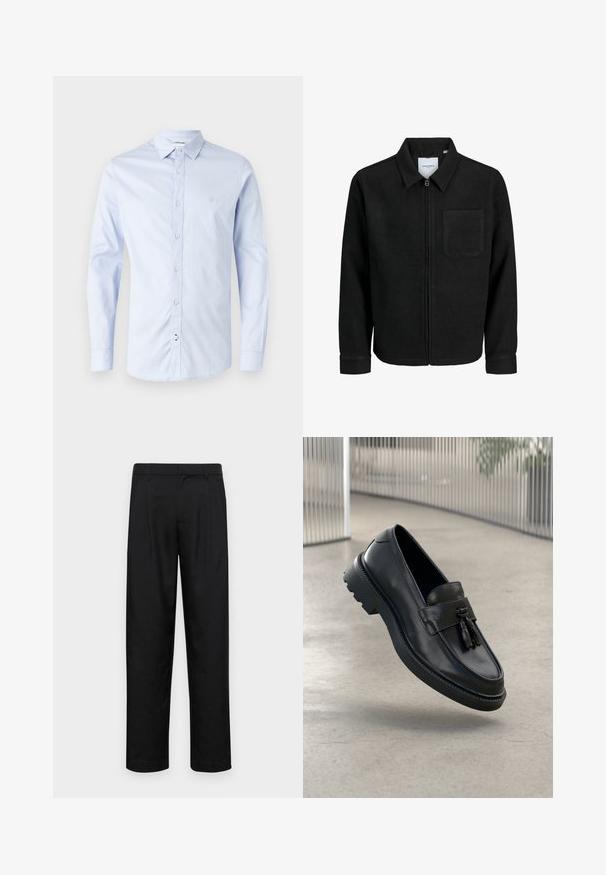 Schwarze Zip-Jacke mit Kragen und einer einzelnen Brusttasche, auf weißem Hintergrund präsentiert.; Hellblaues Langarmhemd mit Knopfleiste aus Baumwolle, mit klassischem Kragen, vorderen Knöpfen und einem subtilen Logo auf der Brust.; Schwarze Hose aus glattem Stoff, mit geradem Bein Design, zwei vorderen Falten und einem Standardbund mit Gürtelschlaufen.; Schwarze Leder-Loafer mit glatter Oberfläche, dekorativem Quasten, dicker Gummisohle und abgesteppten Akzenten. Leichtes und schlankes Design.
