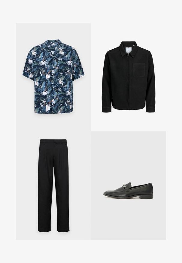 Black zip-up jacket with collar and single chest pocket, displayed on white background.; Short-sleeve shirt in dark blue with a floral print. Features tropical leaves and white flowers, with a collared neckline and button front.; Black trousers made of smooth fabric, featuring a straight-leg design, two front pleats, and standard waistband with belt loops.; Black leather loafer with a smooth finish, featuring a stitched design and a decorative metal chain accent across the vamp. Flat heel.