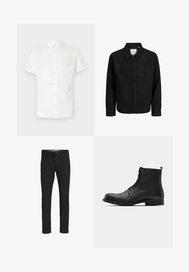 Mustaga lukuga jakker, millel on krae ja üks rinna-tasku, esitatud valgel taustal.; Lühikeste varrukatega valge nööbisärk, mis on valmistatud kergest kangast, klassikalise krae ja pehme, sileda tekstuuriga, kergete pruunide nööpidega.; Mustast puuvillasegustest pükstest õhukese lõikega, milles on nööbikinnitus, taskud ja keeratud sääred, et saavutada lõdva lõppviimistluse.; Mustad mustad nahast ankle-kingad, ümarate varvastega, nööbiga disainiga ja tasase kummitaldaga. Omavad minimaalset õmblust ja konksu kontsapartiis.