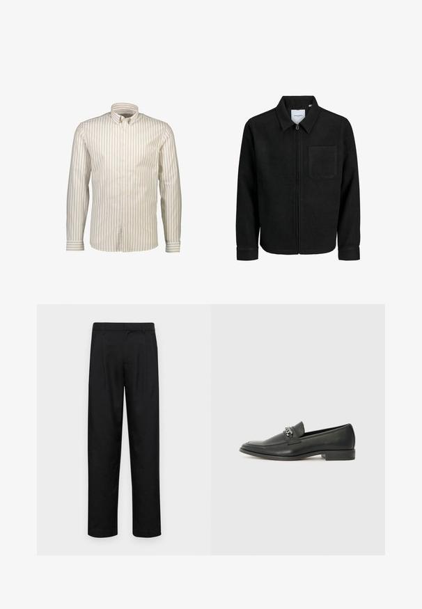 Czarna kurtka z zamkiem na całej długości, z kołnierzem i jedną kieszenią na piersi, umieszczona na białym tle.; Koszula z lekko paskowanym wzorem w odcieniach beżu i kremu. Posiada długie rękawy, spiczasty kołnierz oraz zapięcie na guziki z przodu.; Czarne spodnie wykonane z gładkiego materiału, z prostą nogawką, dwoma fałdami z przodu oraz standardowym paskiem z wypustkami na pasek.; Czarne skórzane mokasyny o gładkim wykończeniu, z haftowanym wzorem i dekoracyjnym akcentem z metalowego łańcucha na wierzchu. Płaska pięta.