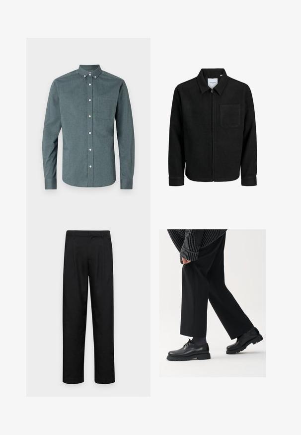 Črna jakna z zadrgo in ovratnikom ter enim žepom na prsih, prikazana na beli podlagi.; Srajca z gumbi v temno teal barvi, dolgi rokavi, ovratnik z gumbi, ena prsna žepe, s belimi gumbi in teksturirano tkanino.; Črne hlače iz gladkega materiala, s krojem ravne noge, dvema sprednjima pregiboma in standardnim pasom z zankami za pas.; Črne usnjene čEvlje s zaobljenim nosom, zavezovanjem in debelim, teksturiranim podplatom. Obute z urejenimi črnimi hlačami in rebrastim puloverjem.