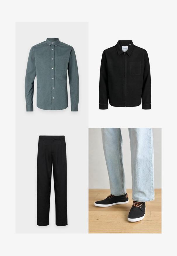 Melna jaka ar rāvējslēdzēju un apkakli, vienu krūšu kabatu, parādīta uz baltas fona.; Kreklu ar pogām tumši zilo krāsā, garām piedurknēm, pogām piesprādzētu apkakli, vienu krūšu kabatu, ar baltām pogām un teksturētu audumu.; Melnas bikses, izgatavotas no gludas auduma, ar taisnu kāju dizainu, divām priekšējām krokām un standarta jostu, kurai ir āķi.; Melnas auduma čības ar brūniem akcentiem, baltām gumijas zolēm un brūnām šņorēm, kombinētas ar gaiši ziliem taisnajiem džinsiem. Koka grīdas fons.