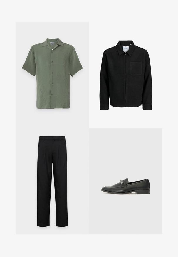 Črna jakna z zadrgo in ovratnikom ter enim žepom na prsih, prikazana na beli podlagi.; Kratka majica s kratkimi rokavi, izdelana iz teksturiranega olivno zelenega blaga, s klasičnim ovratnikom in petimi sprednjimi gumbi.; Črne hlače iz gladkega materiala, s krojem ravne noge, dvema sprednjima pregiboma in standardnim pasom z zankami za pas.; Črni usnjeni loafer z gladko površino, ki ima šivano zasnovo in dekorativni kovinski verižni naglas preko vampirja. Ravno peto.