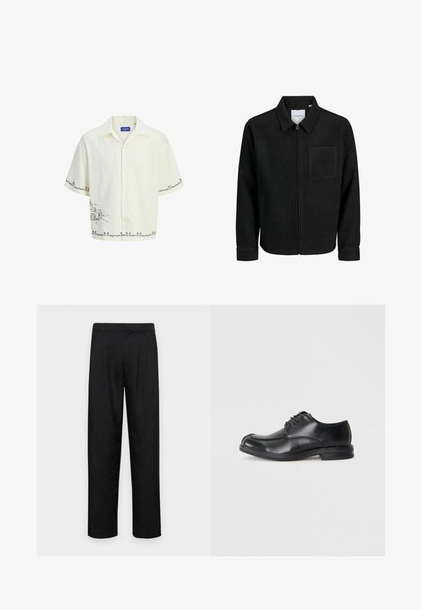 Black zip-up jacket with collar and single chest pocket, displayed on white background.; Short-sleeve, light cream shirt with a collared neck, featuring a gray sketch design on the front and decorative hem detailing.; Black trousers made of smooth fabric, featuring a straight-leg design, two front pleats, and standard waistband with belt loops.; Black leather lace-up shoes with a rounded toe, smooth texture, and a low heel. Features stitching detail along the upper and sides.