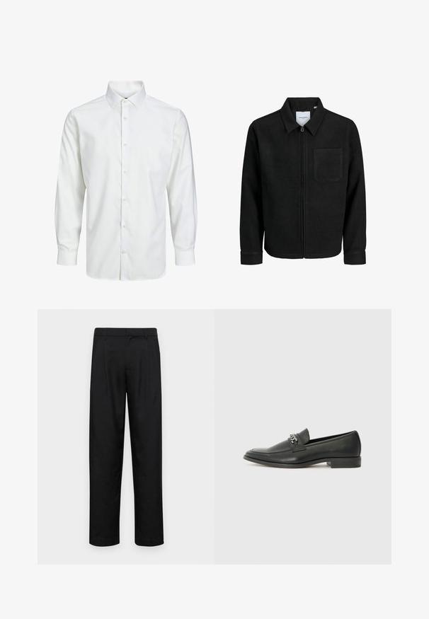 Zwarte zip-up jas met kraag en enkele borstzak, weergegeven op een witte achtergrond.; Witte langemouwen blouse, gemaakt van een gladde stof, met een klassieke kraag, een voorpaneel met knopen en knoopmanchetten.; Zwarte broeken van gladde stof, met een recht model, twee voorknikken en een standaard tailleband met riemlussen.; Zwarte leren instapper met een gladde afwerking, voorzien van een gestikt ontwerp en een decoratieve metalen kettingaccent over de wreef. Platte hak.