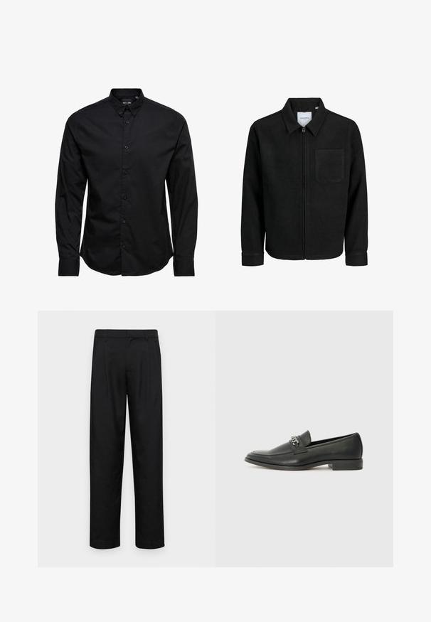 Musta vetoketjullinen takki, jossa on kaulus ja yksi rintatasku, esitelty valkoista taustaa vasten.; Musta pitkähihaisessa napillisessa paidassa, joka on valmistettu puuvillasta. Siinä on klassinen kaulus, etunapit ja suora helma ilman kuvioita tai koristeita.; Mustat housut, jotka on valmistettu sileästä kankaasta, suoran lahkeen muotoilulla, kahdella etupleekillä ja tavanomaisella vyötäröllä, jossa on vyölenkit.; Musta nahkakengät, joissa on sileä pinta, koristeelliset ompeleet ja metalliketjun yksityiskohta kengän päällä. Littee korko.