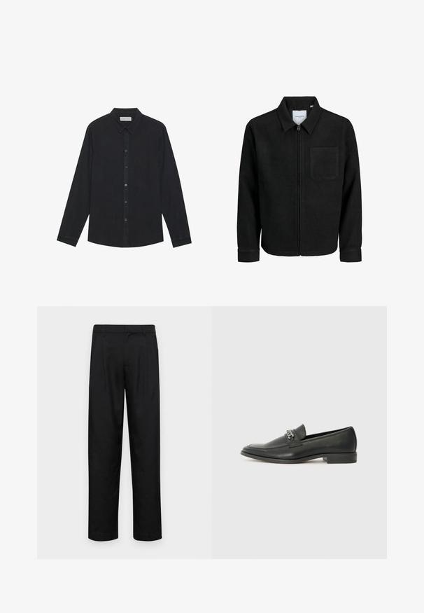 Schwarze Zip-Jacke mit Kragen und einer einzelnen Brusttasche, auf weißem Hintergrund präsentiert.; Schwarzes Langarmshirt aus weichem Stoff mit durchgehender Knopfleiste, Kragen und geradem Saum mit subtiler Struktur.; Schwarze Hose aus glattem Stoff, mit geradem Bein Design, zwei vorderen Falten und einem Standardbund mit Gürtelschlaufen.; Schwarzer Lederloafer mit glatter Oberfläche, ausgestattet mit einer gesteppten Gestaltung und einem dekorativen Metallkettendetail über dem Vorderblatt. Flacher Absatz.