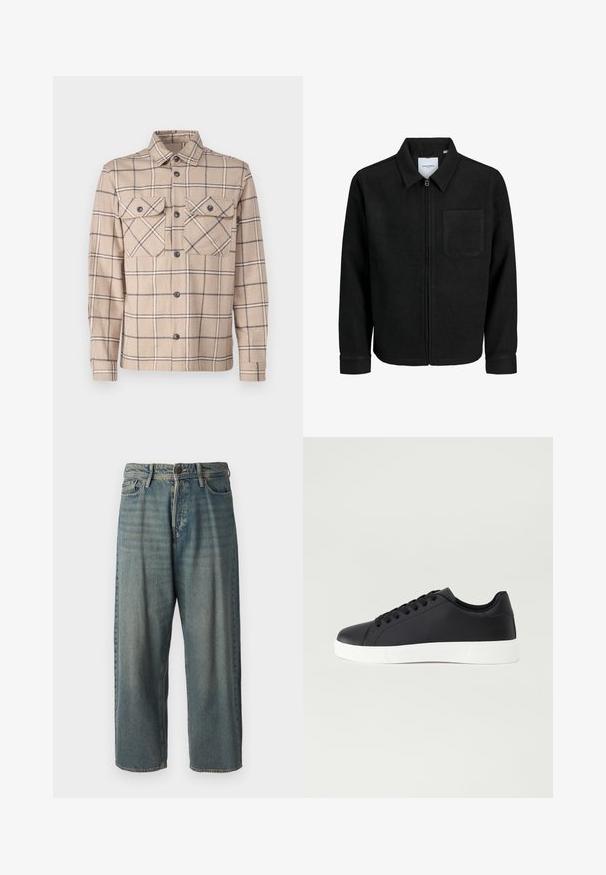 Czarna kurtka z zamkiem na całej długości, z kołnierzem i jedną kieszenią na piersi, umieszczona na białym tle.; Beżowa kratkowana kurtka koszulowa wykonana z tkaniny, z dwiema kieszeniami na piersi, zapinana na guziki, z ciemnymi akcentami w wzór kratki.; Jasnoniebieskie dżinsy o luźnym kroju, średnim stanie i prostych nogawkach. Posiadają pięć kieszeni, szlufki na pasek oraz zapięcie na guzik.; Pier One UNISEX czarny