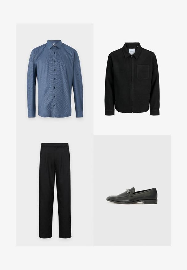 Giacca nera con zip, colletto e una tasca sul petto, mostrata su sfondo bianco.; Camicia blu a maniche lunghe realizzata in tessuto testurizzato, con chiusura a bottoni anteriori in nero e un colletto classico. Motivo a righe diagonali sottile.; Pantaloni neri realizzati in tessuto liscio, caratterizzati da un taglio dritto, due pieghe frontali e una vita standard con passanti per la cintura.; Mocassino in pelle nera con finitura liscia, caratterizzato da un design cucito e da un accento decorativo in catena metallica sul vamp. Tacco piatto.