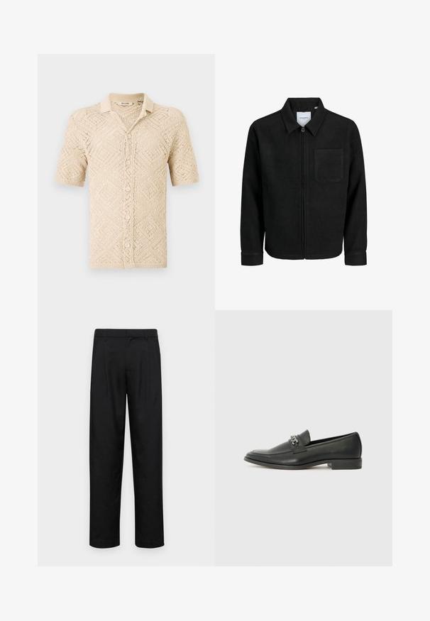 Chaqueta negra con cremallera y cuello, con un solo bolsillo en el pecho, expuesta sobre un fondo blanco.; Cárdigan de punto de manga corta en color beige con un patrón de diamantes, que cuenta con un cierre de botones y un cuello con solapa. Fabricado con un material ligero.; Pantalones negros de tela suave, con un diseño de pierna recta, dos pliegues frontales y una cintura estándar con trabillas para el cinturón.; Mocasín de cuero negro con un acabado suave, que cuenta con un diseño de costura y un acento decorativo de cadena de metal en el empeine. Tacón plano.