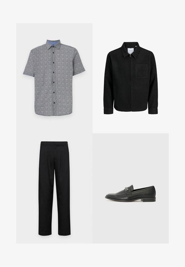 Fekete, zipzáros dzseki gallérral és egyetlen mellzsebbel, fehér háttéren.; Rövidujjú ing sötétkék és fehér színben, geometrikus mintázattal, gombos elülső résszel, és világoskék kontraszt színű gallérral és mandzsettákkal. Könnyű anyag.; Fekete nadrág sima anyagból, egyenes szárú fazonnal, két elülső redővel és közönséges derékkal, övhurkokkal.; Fekete bőr loaferek sima felülettel, varrott mintával és díszítő fém lánccal a cipő elején. Lapos sarok.