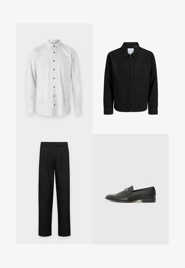 Black zip-up jacket with collar and single chest pocket, displayed on white background.; White long-sleeve shirt with a small repeated pattern of circles in dark brown. Features a button-up front and standard collar.; Black trousers made of smooth fabric, featuring a straight-leg design, two front pleats, and standard waistband with belt loops.; Black leather loafer with a smooth finish, featuring a stitched design and a decorative metal chain accent across the vamp. Flat heel.