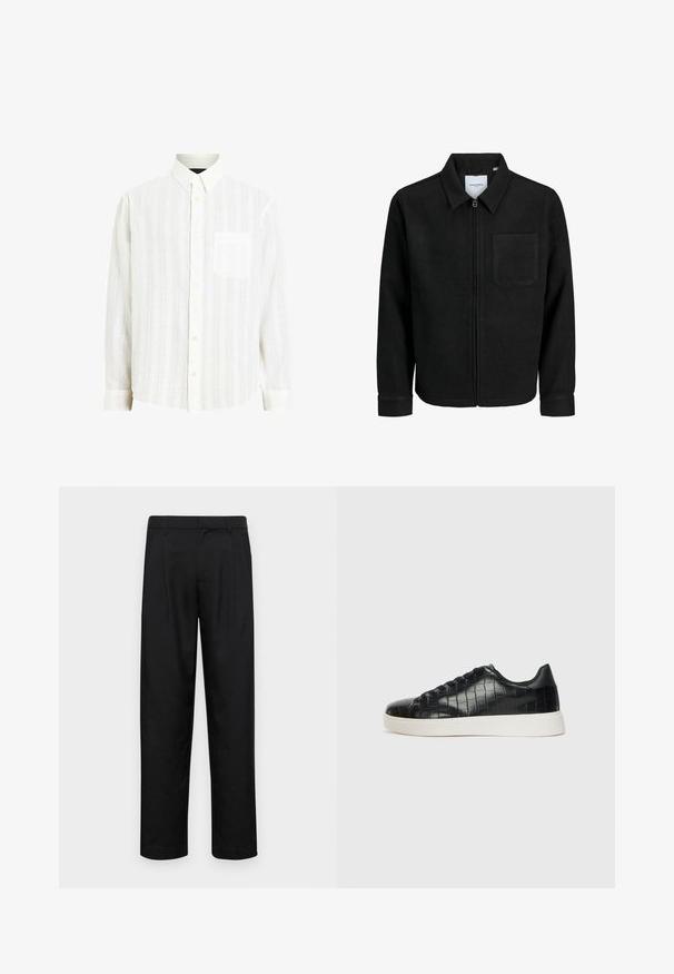 Black zip-up jacket with collar and single chest pocket, displayed on white background.; White button-up shirt with a textured striped pattern, long sleeves, and a chest pocket; features a classic collar and button closure.; Black trousers made of smooth fabric, featuring a straight-leg design, two front pleats, and standard waistband with belt loops.; Black sneakers featuring a textured croc-embossed leather upper, rounded toe, and a contrasting white rubber sole with a smooth finish.