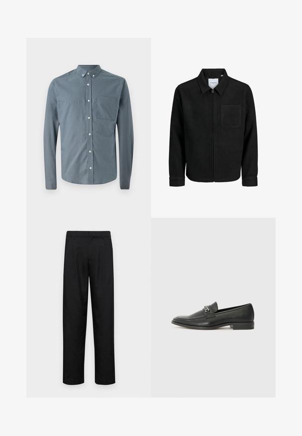 Giacca nera con zip, colletto e una tasca sul petto, mostrata su sfondo bianco.; Camicia con bottoni di colore blu ardesia, maniche lunghe, colletto classico, taschino singolo sul petto e bottoni bianchi con una texture di tessuto liscia.; Pantaloni neri realizzati in tessuto liscio, caratterizzati da un taglio dritto, due pieghe frontali e una vita standard con passanti per la cintura.; Mocassino in pelle nera con finitura liscia, caratterizzato da un design cucito e da un accento decorativo in catena metallica sul vamp. Tacco piatto.