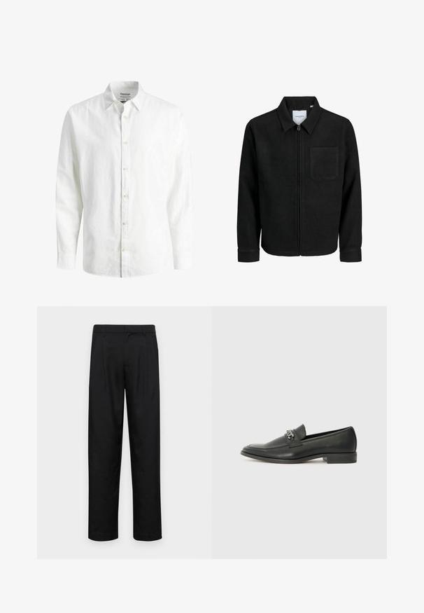 Giacca nera con zip, colletto e una tasca sul petto, mostrata su sfondo bianco.; Camicia bianca a maniche lunghe in lino, con colletto button-down, bottoni frontali e vestibilità rilassata. È visibile una trama del tessuto.; Pantaloni neri realizzati in tessuto liscio, caratterizzati da un taglio dritto, due pieghe frontali e una vita standard con passanti per la cintura.; Mocassino in pelle nera con finitura liscia, caratterizzato da un design cucito e da un accento decorativo in catena metallica sul vamp. Tacco piatto.