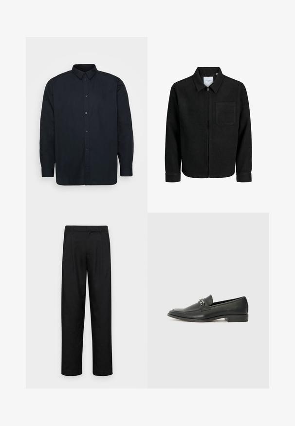 Zwarte zip-up jas met kraag en enkele borstzak, weergegeven op een witte achtergrond.; Zwarte button-up shirt gemaakt van katoen, met een klassieke kraag, long sleeves en zeven knopen aan de voorkant. Soepele textuur, geen opvallende patronen.; Zwarte broeken van gladde stof, met een recht model, twee voorknikken en een standaard tailleband met riemlussen.; Zwarte leren instapper met een gladde afwerking, voorzien van een gestikt ontwerp en een decoratieve metalen kettingaccent over de wreef. Platte hak.