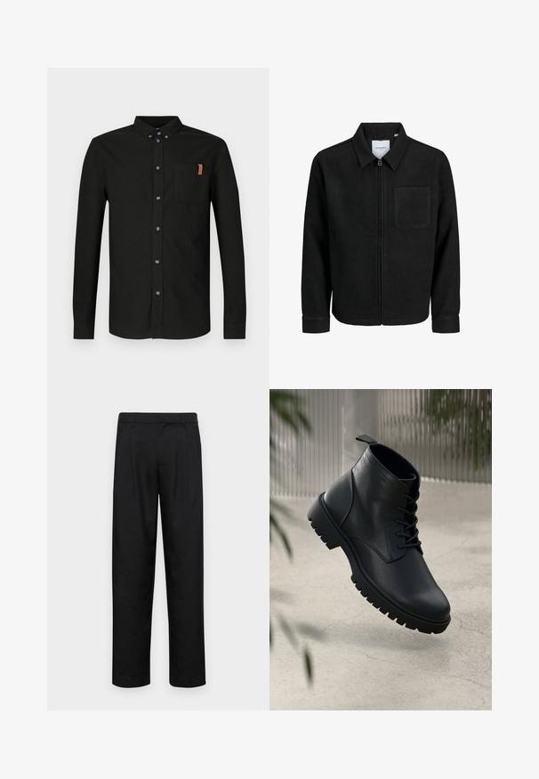Veste zippée noire avec col et poche poitrine unique, présentée sur fond blanc.; Chemise noire à manches longues en coton, avec une patte de boutonnage sur le devant, une poche poitrine avec un accent beige, et des boutons bleus.; Pantalons noirs en tissu lisse, avec une coupe droite, deux plis avant et une taille standard avec passants de ceinture.; Bottines en cuir noir avec un bout rond, un laçage, et une semelle en caoutchouc robuste. Texture lisse avec une languette à l'arrière.