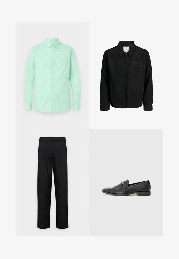 Crna jakna na zip s ovratnikom i jednim džepom na prsima, prikazana na bijeloj pozadini.; Mint zelena košulja na dugih rukava s okruglim ovratnikom i prednjim zatvaranjem na dugme. Glatka tekstura, jednobojna bez vidljivih uzoraka ili akcenata.; Crne hlače od glatkog materijala, s dizajnom ravnih nogavica, dva prednja nabora i standardnim pojasom s petljama za remen.; Crna kožna loafer cipela s glatkom finišem, s ušivenim uzorkom i dekorativnim metalnim lancem preko prednjeg dijela. Ravni potplat.