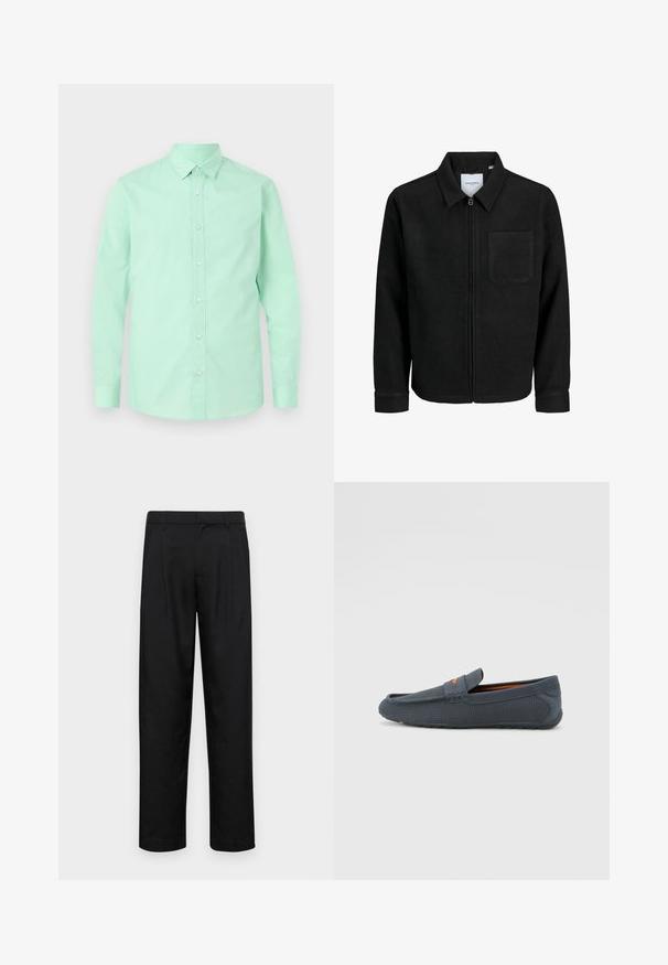 Melna jaka ar rāvējslēdzēju un apkakli, vienu krūšu kabatu, parādīta uz baltas fona.; Mentz zaļš pogām aprīkots krekls ar garām piedurknēm, apkakli un priekšējo pogu aizdari. Gluda tekstūra, vienkrāsains bez redzamām rakstām vai akcents.; Melnas bikses, izgatavotas no gludas auduma, ar taisnu kāju dizainu, divām priekšējām krokām un standarta jostu, kurai ir āķi.; Pelēki perforēti loafers ar iebūvētu dizainu, kas izceļas ar oranžu akcentu, noapaļotu purngalu un teksturētu gumijas zoli.