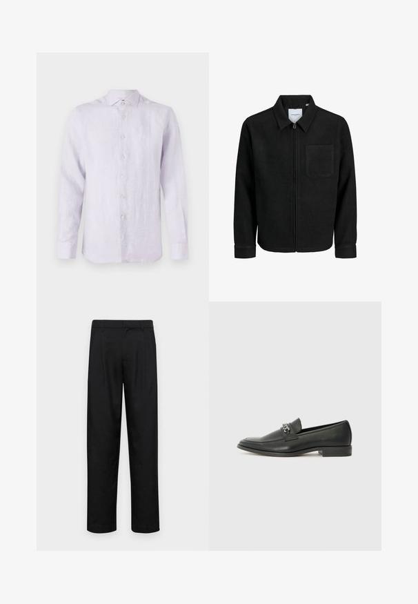 Giacca nera con zip, colletto e una tasca sul petto, mostrata su sfondo bianco.; Camicia in lino a maniche lunghe di un leggero lavanda con colletto button-down, bottoni frontali e una finitura testurizzata sottile. Piccolo logo sul petto.; Pantaloni neri realizzati in tessuto liscio, caratterizzati da un taglio dritto, due pieghe frontali e una vita standard con passanti per la cintura.; Mocassino in pelle nera con finitura liscia, caratterizzato da un design cucito e da un accento decorativo in catena metallica sul vamp. Tacco piatto.