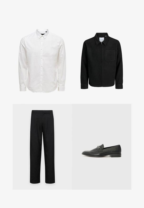 Melna jaka ar rāvējslēdzēju un apkakli, vienu krūšu kabatu, parādīta uz baltas fona.; Balts garām piedurknēm pogājams krekls ar apkakli, ar gludu tekstūru un sešām pogām priekšpusē. Pieguļošs piegriezums ar aproces piedurknēm.; Melnas bikses, izgatavotas no gludas auduma, ar taisnu kāju dizainu, divām priekšējām krokām un standarta jostu, kurai ir āķi.; Melna ādas loafer izmēra apavi ar gludu virsmu, piedāvā ar šūtu dizainu un dekoratīvu metāla ķēdes akcentu pār vampu. Plakana papēža daļa.