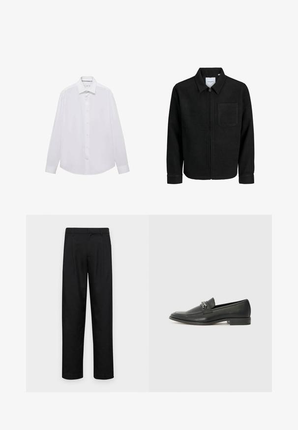 Giacca nera con zip, colletto e una tasca sul petto, mostrata su sfondo bianco.; Mango Camicia - white; Pantaloni neri realizzati in tessuto liscio, caratterizzati da un taglio dritto, due pieghe frontali e una vita standard con passanti per la cintura.; Mocassino in pelle nera con finitura liscia, caratterizzato da un design cucito e da un accento decorativo in catena metallica sul vamp. Tacco piatto.