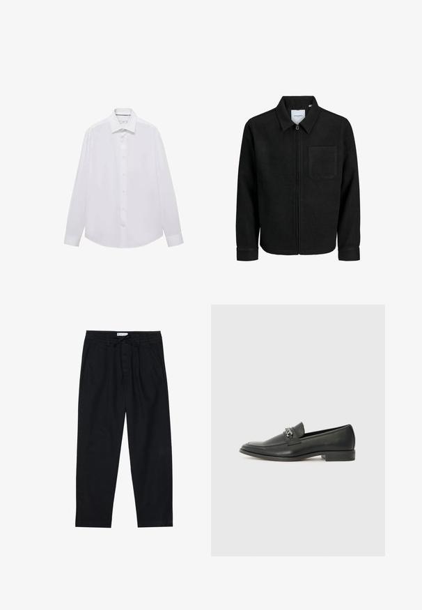 Sort lynlåsjakke med krave og en enkelt brystlomme, vist på hvid baggrund.; Mango Skjorter - white; Pier One Chino - black; Sorte læder loafers med en glat finish, der har et syet design og et dekorativt metal kædeaccent hen over vamps. Flad hæl.