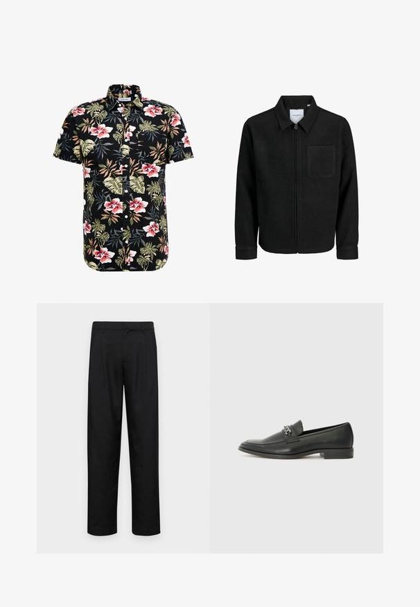 Giacca nera con zip, colletto e una tasca sul petto, mostrata su sfondo bianco.; Camicetta nera a maniche corte con un vivace motivo floreale in rosso, rosa e verde, dotata di colletto con bottoni e taschino sul petto.; Pantaloni neri realizzati in tessuto liscio, caratterizzati da un taglio dritto, due pieghe frontali e una vita standard con passanti per la cintura.; Mocassino in pelle nera con finitura liscia, caratterizzato da un design cucito e da un accento decorativo in catena metallica sul vamp. Tacco piatto.