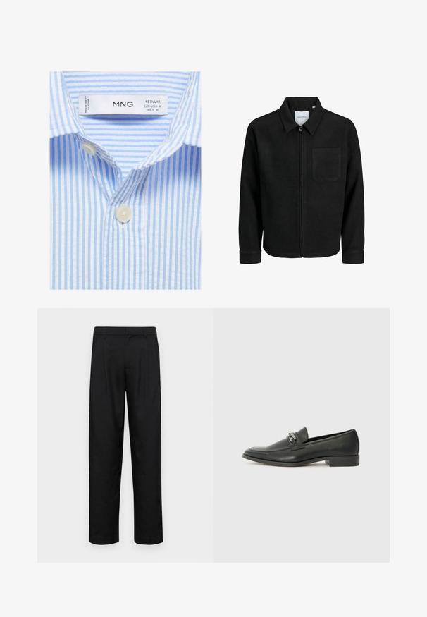Sort lynlåsjakke med krave og en enkelt brystlomme, vist på hvid baggrund.; Lyseblå og hvidstribet skjorte med klassisk krave, der har to hvide knapper fortil og et mærke, der viser størrelses- og brandinformation.; Sorte bukser lavet af glat stof, med et lige ben-design, to frontfolder og en standard talje med bæltestropper.; Sorte læder loafers med en glat finish, der har et syet design og et dekorativt metal kædeaccent hen over vamps. Flad hæl.
